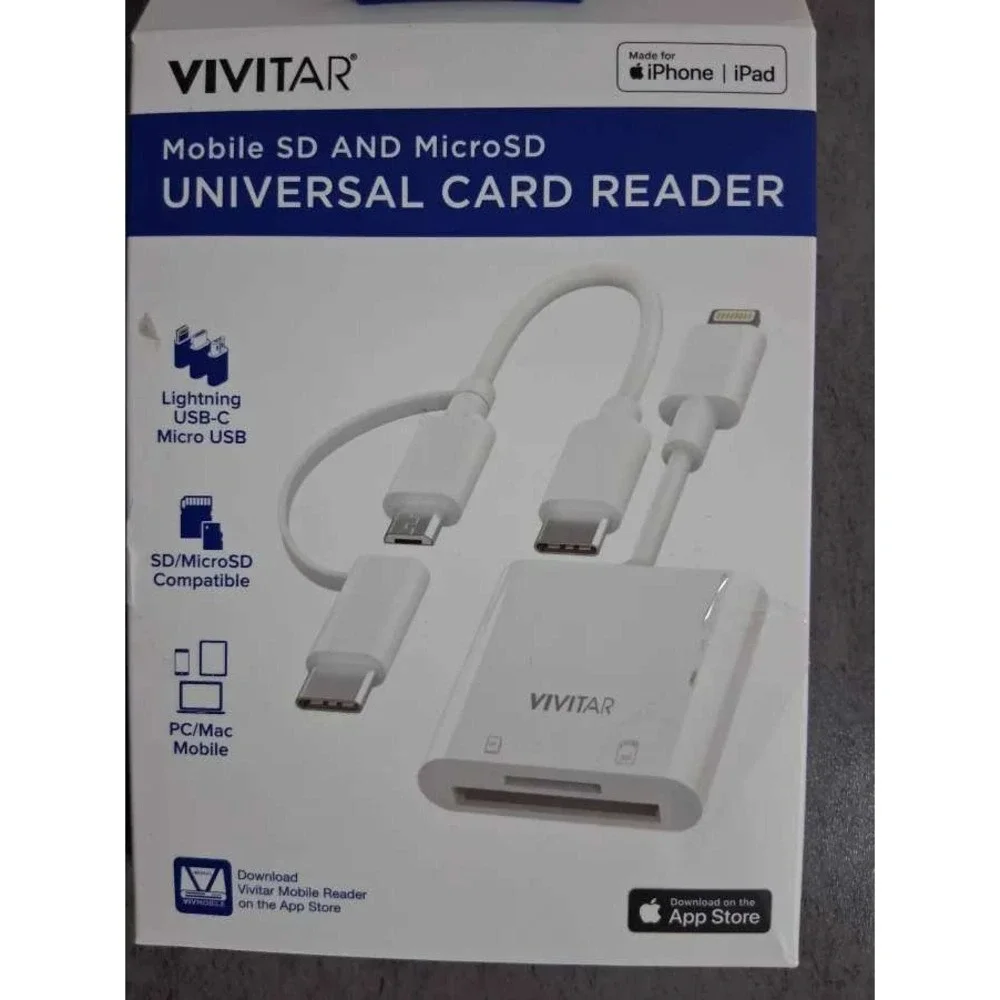Vivitar Mobile SD MicroSD Universal Card Reader Lightning USB-C Micro USB White